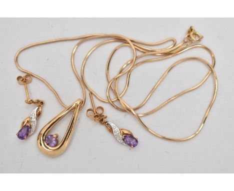 A 9CT GOLD PENDANT NECKLACE AND A PAIR OF EARRINGS, the open work pear drop pendant set with a small circular cut amethyst, s