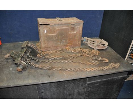 A VINTAGE MORRIS ENGINE HOIST with chains and hooks along with a separate pully, all in a broken ammo box