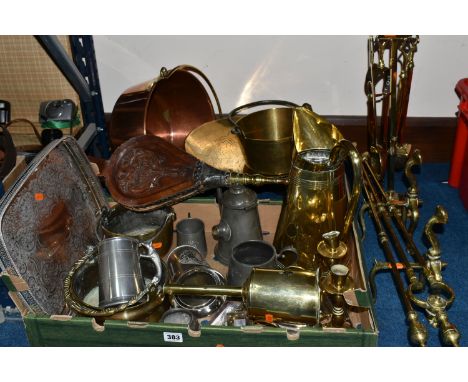 ONE BOX OF METAL WARE, to include a pair of carved mahogany bellows, three brass pans, a large copper jam pan with brass hand