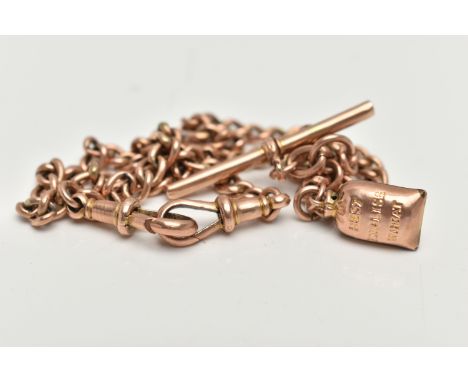 A ROSE METAL ALBERT CHAIN, a curb link chain fitted with two lobster clasps and a T-bar, links and clasps stamped 9c, also fi