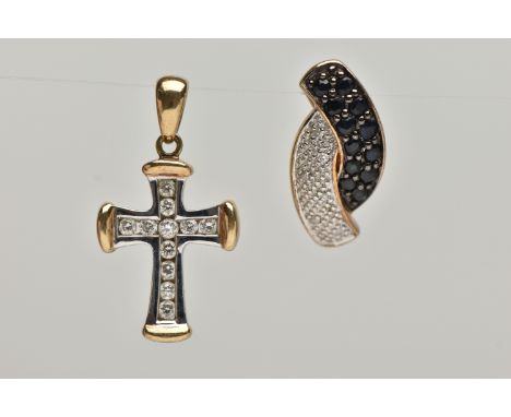 TWO 9CT GOLD GEM SET PENDANTS, the first a bi-colour cross pendant set with colourless diamonds, fitted with a tapered bail h