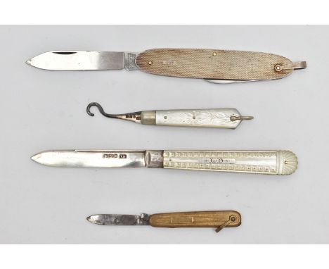 FOUR POCKET KNIVES, to include a silver blade fruit knife, hallmarked 'Thomas Marples' Sheffield 1902, fitted with a carved m