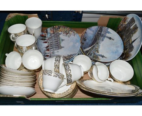 A BOX OF CERAMICS, to include a thirty seven piece Adderley tea set, a set of twelve Bradford Exchange Limoges Parisian scene