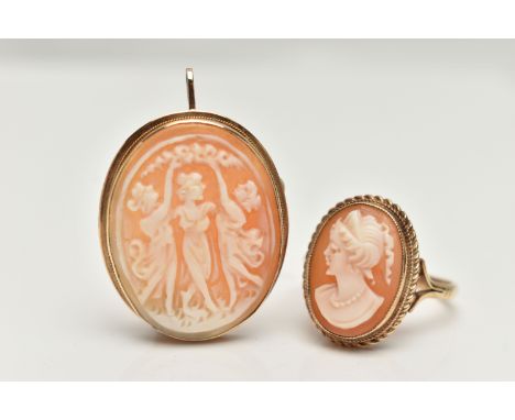 A CAMEO BROOCH AND RING, an Italian yellow metal brooch and pendant, set with a shell cameo depicting The Three Graces, stamp