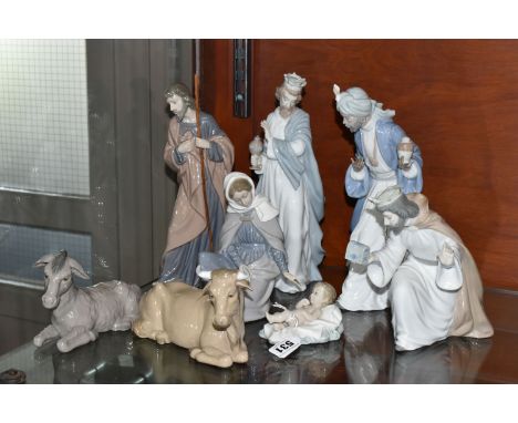 A NAO EIGHT PIECE NATIVITY SET, comprising Baby Jesus, Mary, Joseph, three Kings, donkey and cow, printed and impressed marks