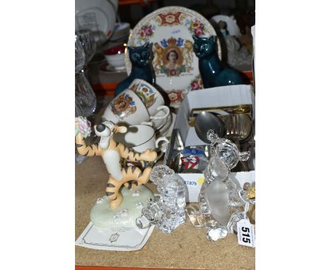 A BOX AND LOOSE CERAMICS, GLASS AND SUNDRY ITEMS, to include two Lenox Crystal figures of Tigger from Winnie the Pooh, a Leno