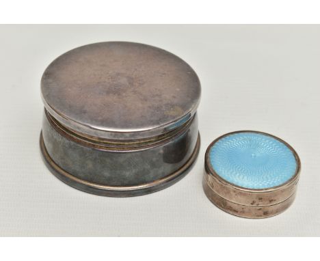 TWO SILVER POTS, the first a circular trinket box, polished design with a navy blue felt interior, hallmarked 'W I Broadway &