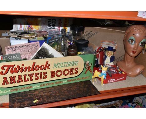 ADVERTISING AND GENERAL EPHEMERA, to include a vintage Twiggy mannequin head, Hollands toffee tin in the form of a dice, plas
