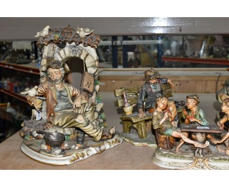 TWO CAPODIMONTE FIGURES AND FIVE SIMILAR FIGURES, to include a Capodimonte figure of a tramp cooking on an open fire, height 