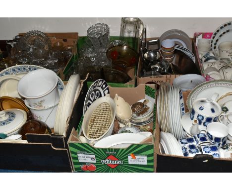 SEVEN BOXES OF CERAMICS AND GLASSWARE, to include a Royal Crown Derby 'unfinished Imari' plate, a mid-century Wedgwood 'Mosai