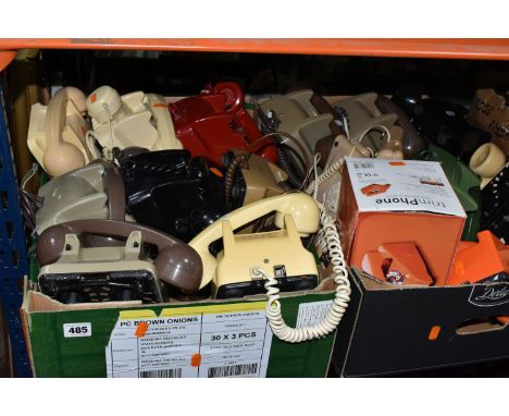 TWO BOXES OF TELEPHONES, fifteen mainly vintage rotary and push button telephones, with a boxed reproduction Trim Phone in Go