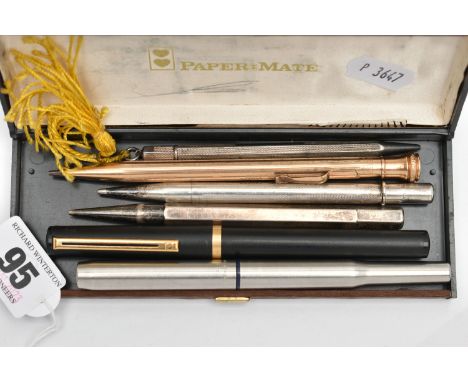 A BOX OF ASSORTED PENS AND PENCILS, to include a gold filled 'Ever Sharp' propelling pencil, a silver engine turned pattern p