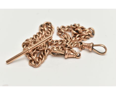 A 9CT GOLD ALBERT CHAIN, a rose gold curb link chain, fitted with two lobster clasps and a T-bar, approximate length from cla