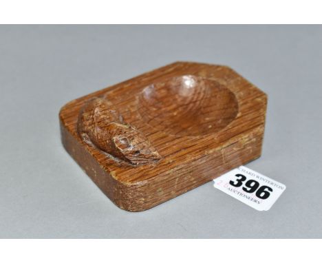 A ROBERT THOMPSON 'MOUSEMAN' PIN DISH, the oak irregular hexagon shaped base carved with signature mouse, length 10cm x depth