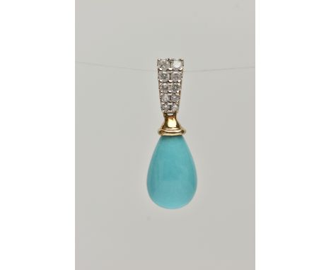 A 15CT GOLD PENDANT, designed as a light blue ceramic drop, fitted with a round brilliant cut diamond bail, hallmarked 15ct E