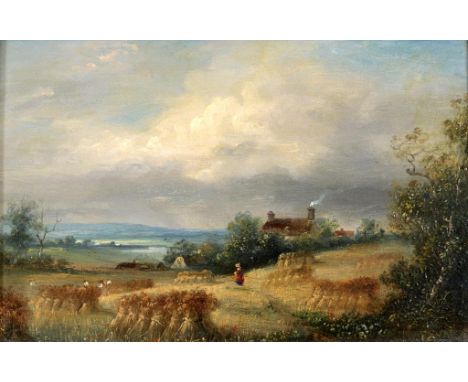 English school, a harvest landscape, oil on panel, inscribed verso to C Rowe from his Cousin G J R from a sketch taken near M
