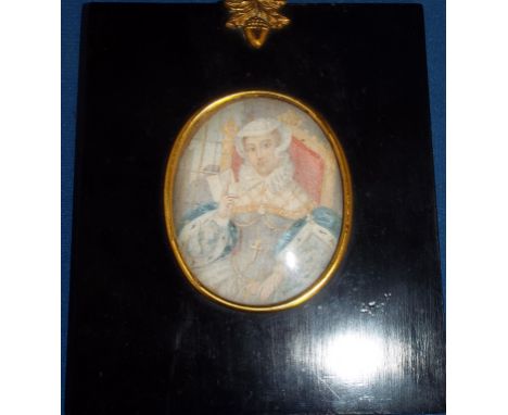 An oval portrait miniature, of Marie Stuart, watercolour, indistinctly signed, 7 x 5.5 cm
