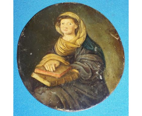 An 18th century Continental oval portrait miniature, of a seated lady with books, on tin, 11.5 x 10 cm (unframed)