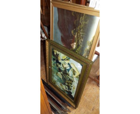 Assorted pictures and prints, an anodised framed mirror, and an 1960s wall light (qty)