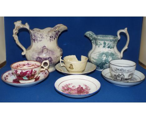 A William IV and Queen Adelaide commemorative pottery jug, with puce transfer printed decoration (chips, cracks and crazed), 