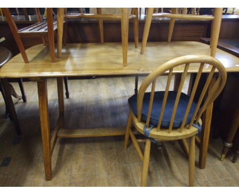 An Ercol style table, chairs, a bureau bookcase, a writing table, a pair of bedside cupboards, a sideboard, sofa table, and o