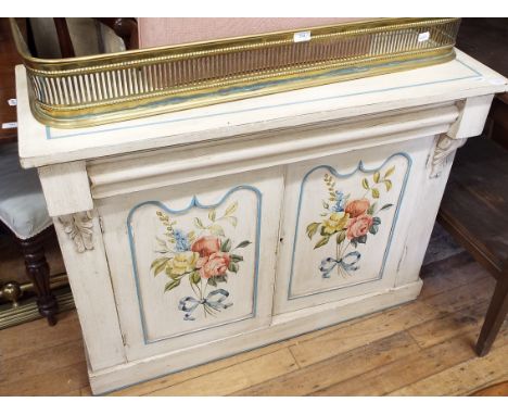 A painted cupboard, 107 cm wide, two brass fenders, a stool, chairs and bed ends (qty)