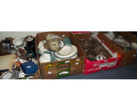 A Royal Doulton Queenslace pattern part tea and dinner service, other ceramics, glass, metalwares and items (7 boxes)