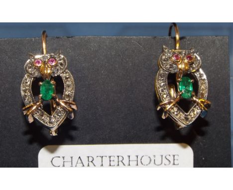 A pair of 9ct gold, emerald, diamond and ruby owl earrings