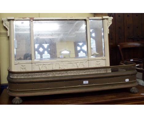 A Regency painted overmantel mirror, 118 cm wide, and a brass fender (2)