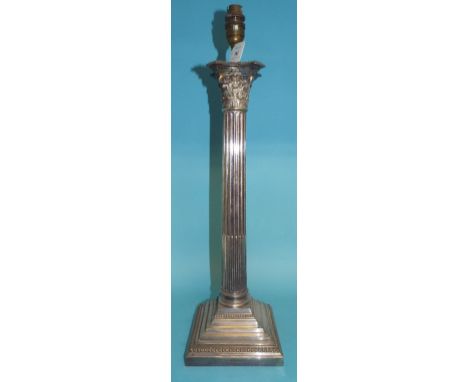 A silver plated Corinthian column table lamp, 46 cm high (excluding fitment)