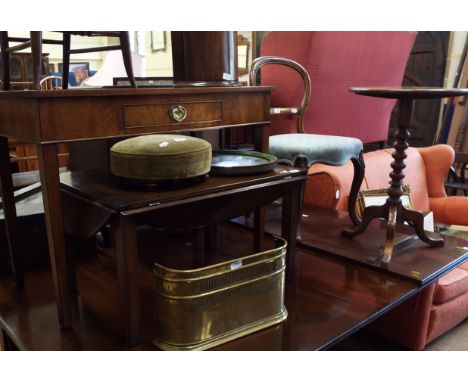 A 19th century mahogany table, 97 cm wide, a tripod table, a hanging corner cupboard, and other furniture (qty)
