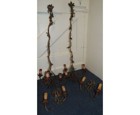 A pair of three branch light fittings, decorated flowers and foliage, and matching items (box)