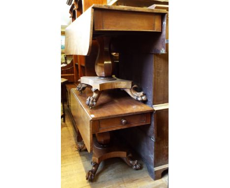 A pair of Victorian mahogany Pembroke tables, on octagonal baluster columns, concave sided platform bases and paw feet, 106 c