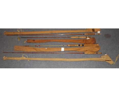 A J S Sharpe Ltd 9 ft two piece split can fly fishing rod, and three similar rods (4)