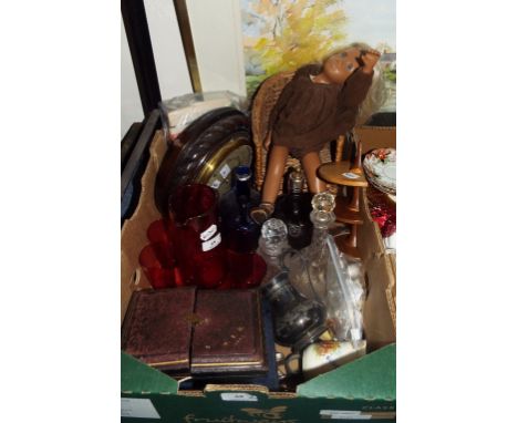 A cranberry and clear glass jug, monogrammed, six matching beakers, other glass, ceramics, a Sasha doll, a Short & Mason baro