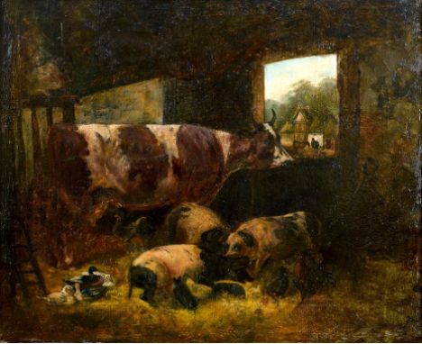 English school, 19th century, a farm stable with a cow, pigs, piglets and ducks, oil on canvas, 42 x 50.5 cm  See illustratio