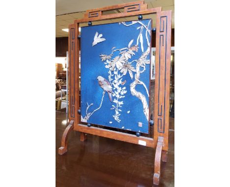 A firescreen, inset a Japanese panel decorated birds and foliage (some loss), 61 cm wide