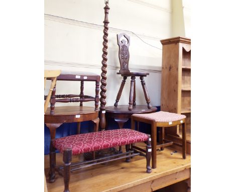 A spinning chair, an oak standard lamp, three stools, and two oval tables (7)