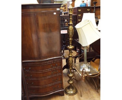 A cocktail cabinet, 73 cm wide, a gilt metal X frame stool, with tassel decoration, a table lamp, and an Indian standard lamp