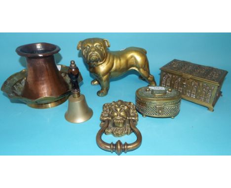 A Gothic style brass box, 16 cm wide, a brass door knocker, in the form of a lion mask and other metalwares (box)