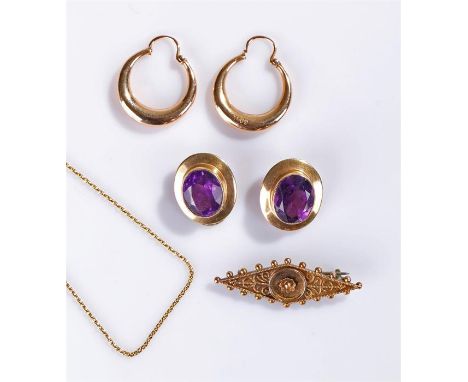 Pair of 9 carat gold amethyst earrings, together with a 9 carat pair of earrings a 14 carat gold chain and 9 carat gold brooc