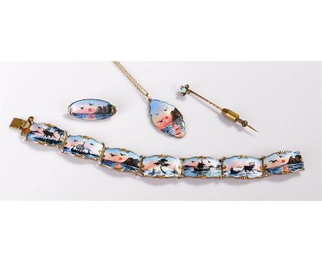 Mixed jewellery, to include a stick pin, 925 Norway silver and enamel bracelet, pendant and brooch, (4)