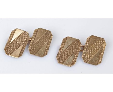 Pair of 9 carat gold cufflinks, rectangular with canted corners, engine turned, 3.2 grams