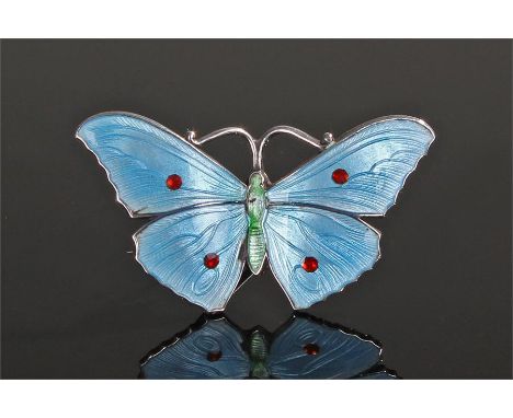 Silver and enamel butterfly, the blue enamel with red dots, 38mm wide