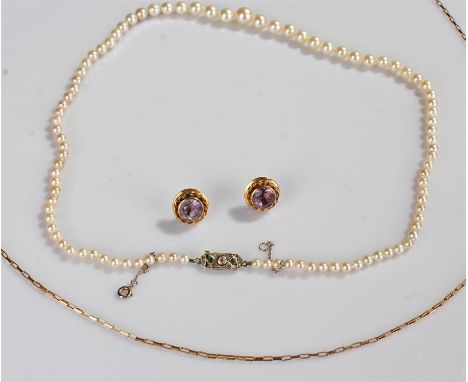 Pair of 9 carat gold amethyst set earrings, together with a 9 carat gold necklace and a silver clasped necklace, (4)