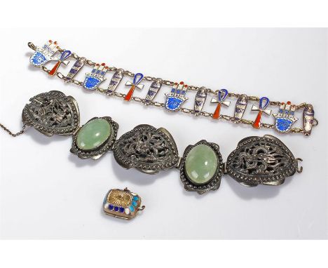 Chinese & Egyptian jewellery, to include a silver and enamel bracelet an enamel locket and  a Chinese silver bracelet, (3)