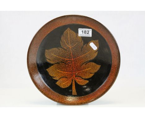 Poole Pottery Aegean Shallow Dish / Bowl decorated with a leaf, 27cms diameter