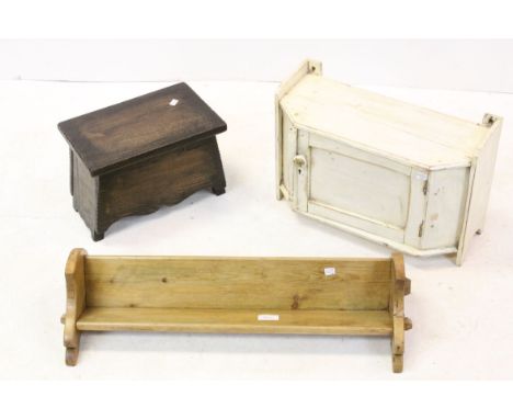 A vintage painted wall cupboard, a pine book trough and an oak box stool