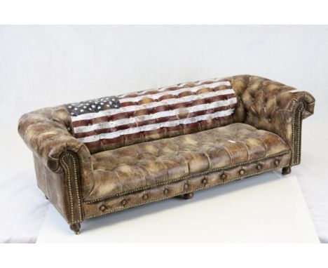 Miniature Brown Leather Button Back Chesterfield Sofa with Stars and Stripes , 68cms long x 23cms high