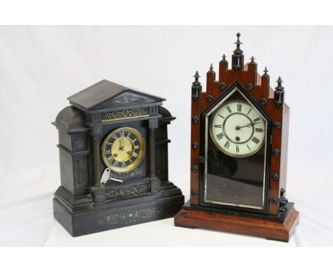 An Italian slate bracket clock with two train movement together with a single train clock of Gothic design.